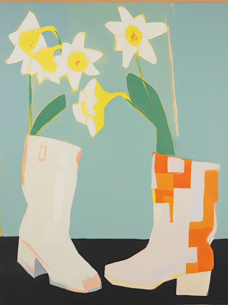 A Painting Of Cowboy Boots With Daffodil Flowers, Pop Art Style 2