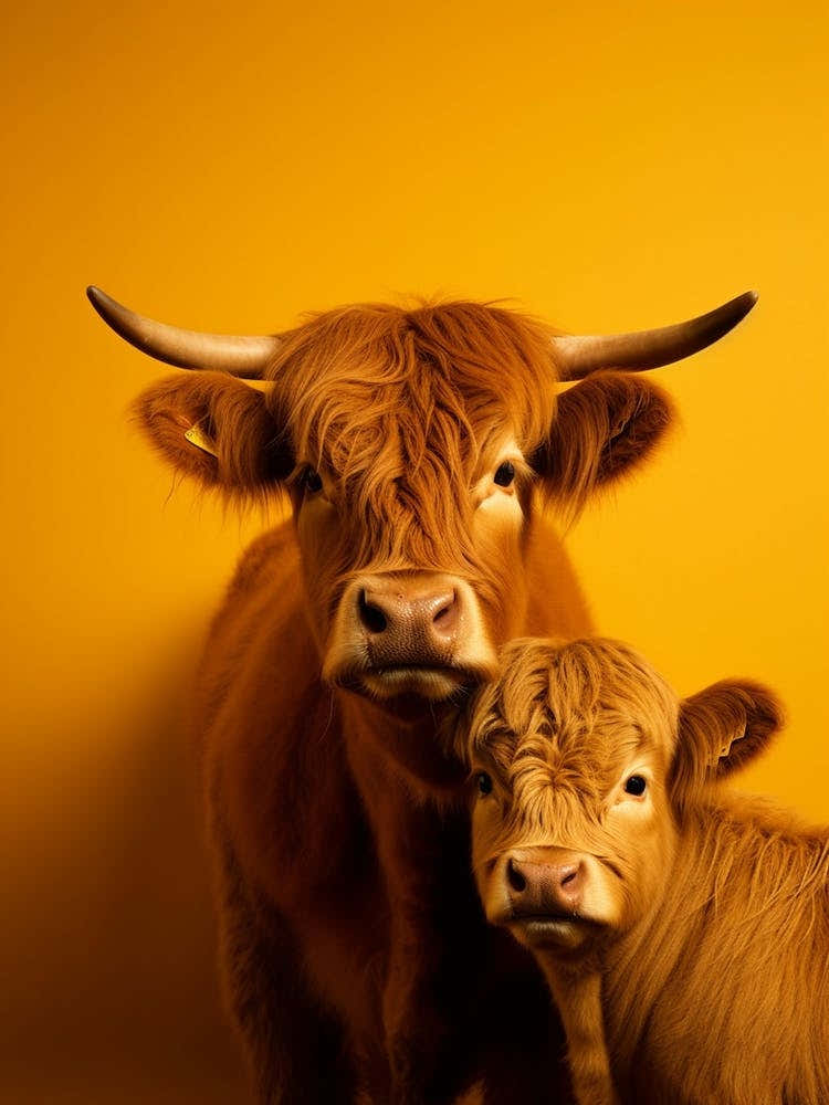 Yellow Photographic Portrait Of Highland Cow And Calf 2