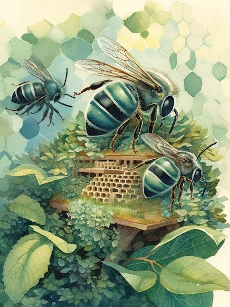 Green Metallic Sweat  Bee Beehive Watercolour Illustration 2
