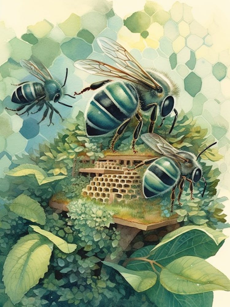 Green Metallic Sweat  Bee Beehive Watercolour Illustration 2