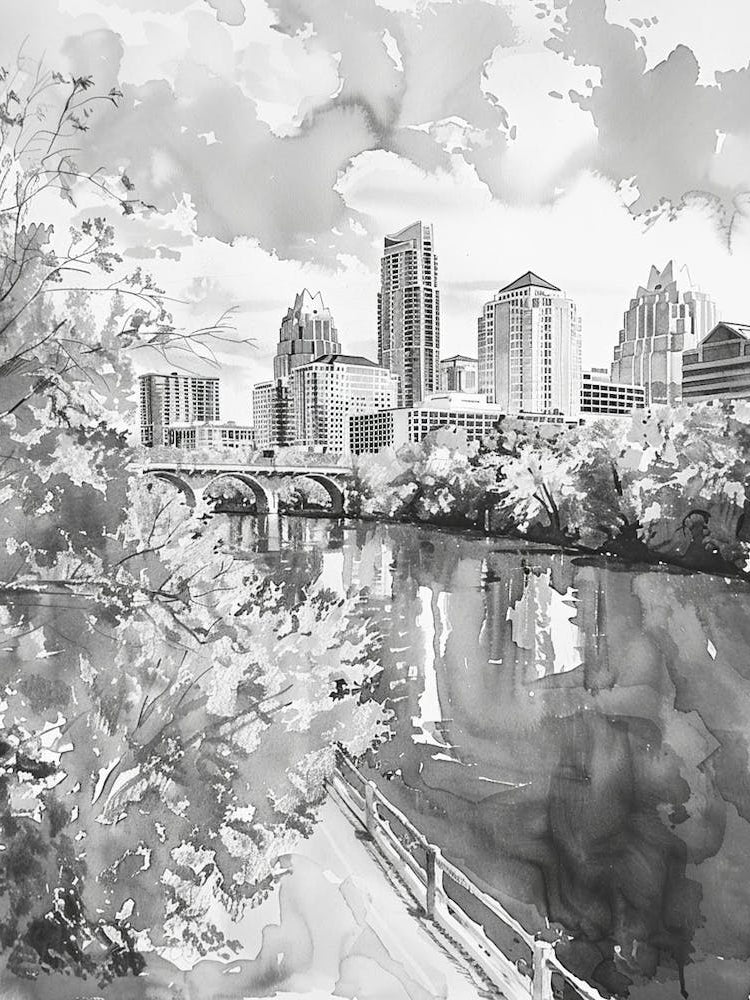Red River Cultural District Austin Texas Black And White Watercolour 3