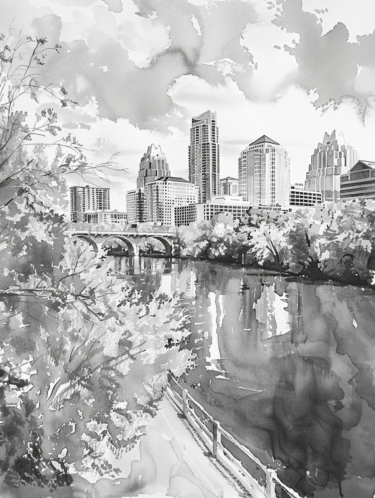 Red River Cultural District Austin Texas Black And White Watercolour 3
