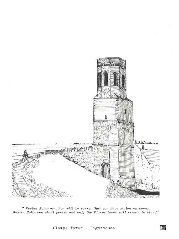 Plompe Tower Lighthouse Netherlands - Dutch Fine Line Drawing