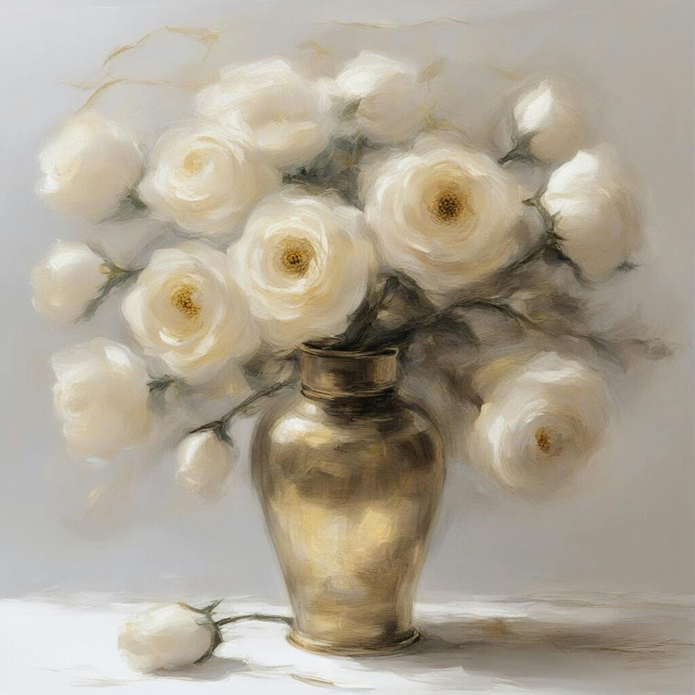 Renaissance White Roses In A Gold Vase