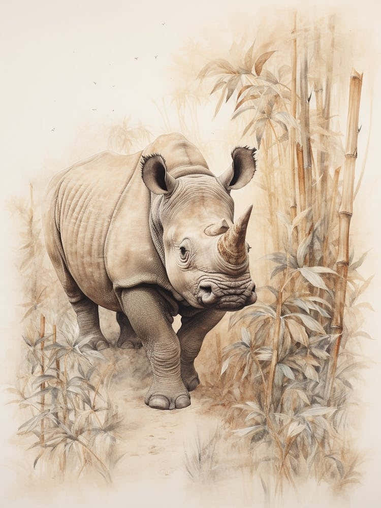 Rhino By The Trees Vintage Illustration 3