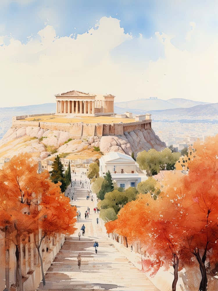 Athens Greece In Autumn Fall, Watercolour 3