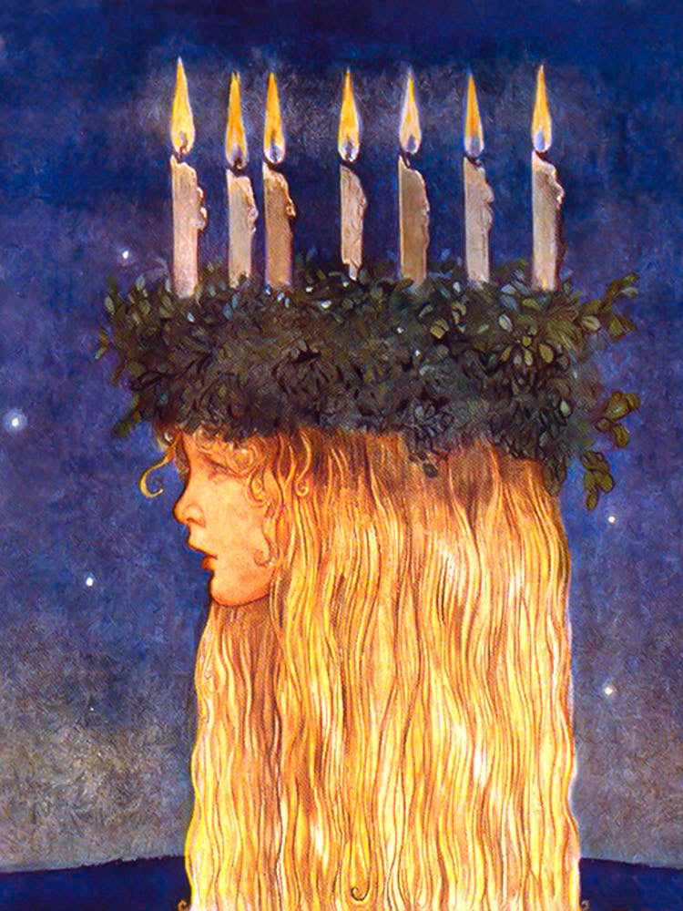 Lucia by John Bauer 1913 Scandinavian Swedish Winter Solstice Artwork Girl With Candles December Christmas Beautiful HD Remastered Vibrant