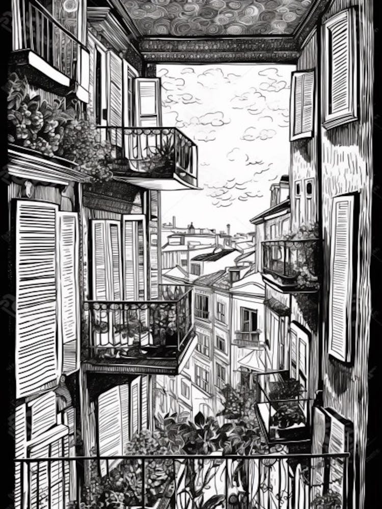 Window View Of Lisbon Portugal   Black And White Colouring Pages Line Art 1