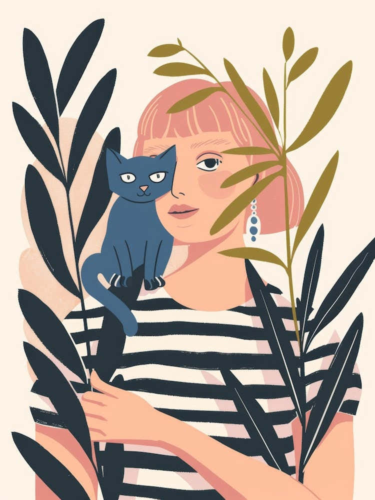 Illustration Of A Girl With A Cat 1