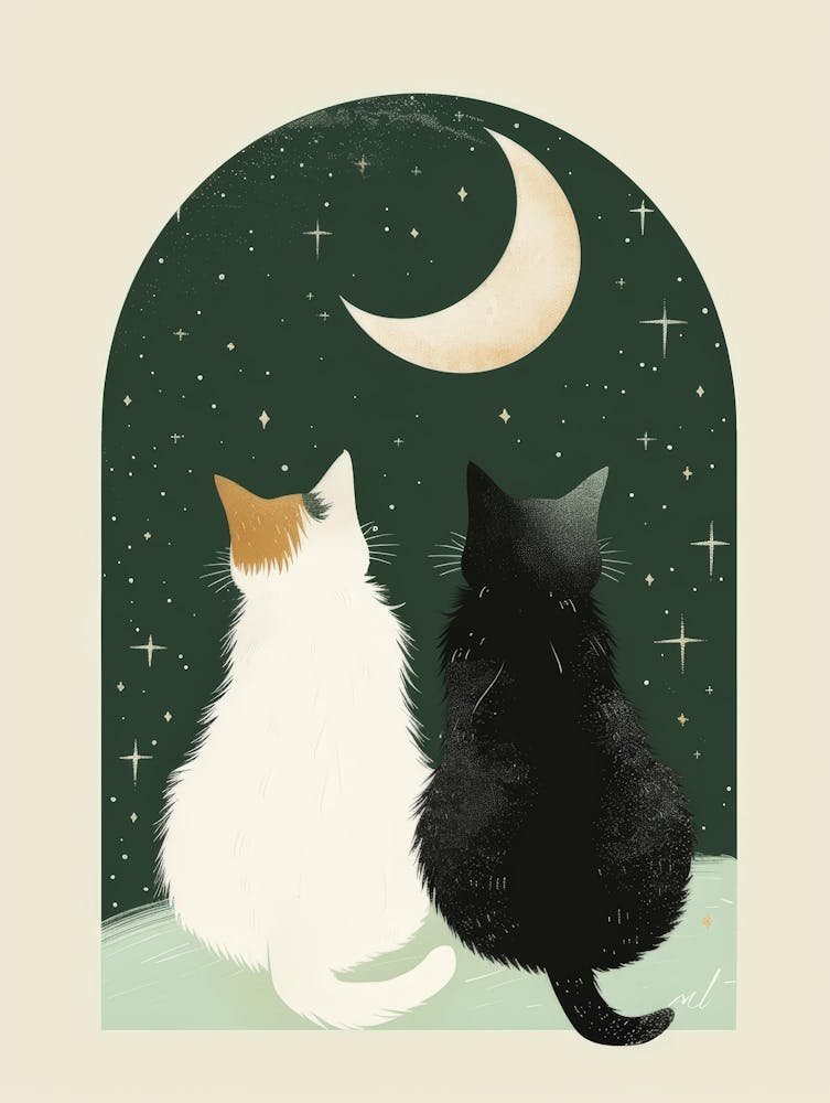 Two Cats Watching The Moon 1