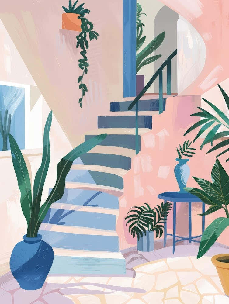 House With Stairs And Potted Plants