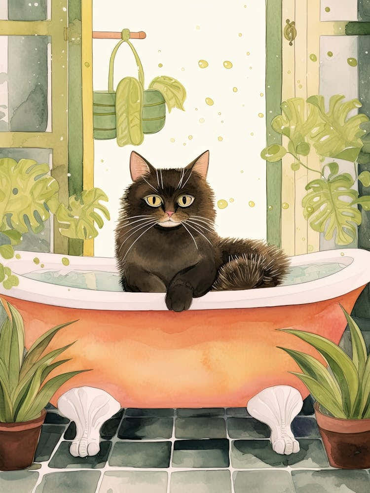 Black Cat In Bathtub Botanical Bathroom 7