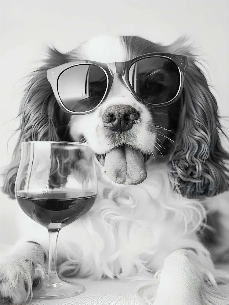 Cavalier King Charles Spaniel And Wine Wall Art, Black And White Print, Yorkie Gift, Alcohol Print, Funny Dog Poster, Kitchen Wall Decor