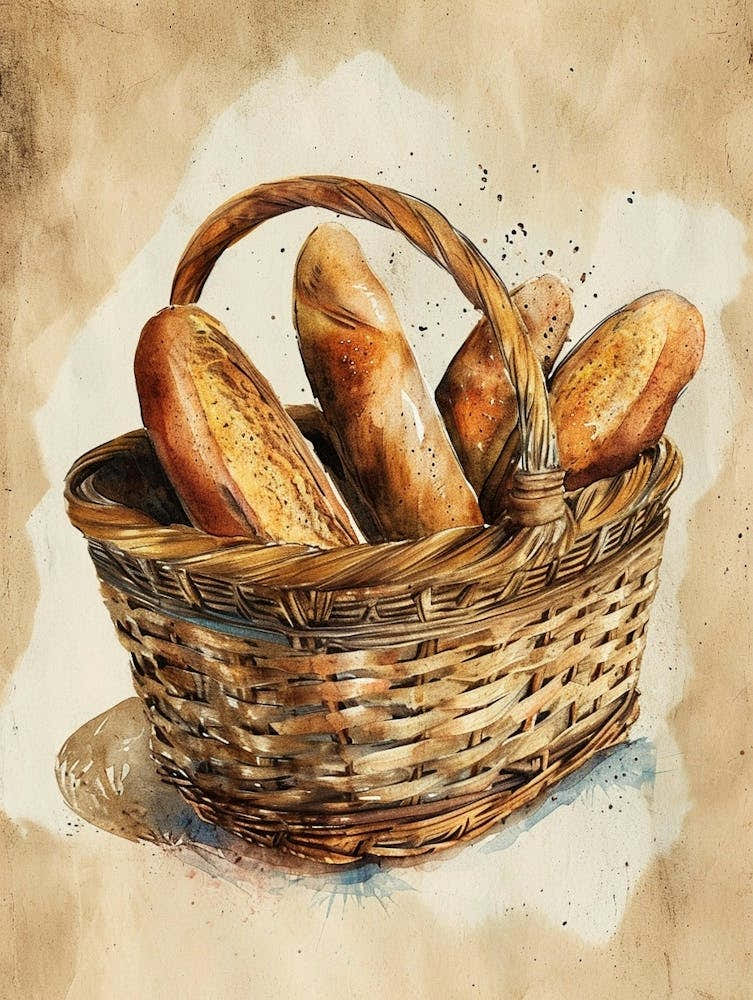 Rustic Bread In A Basket Watercolour Illustration 4