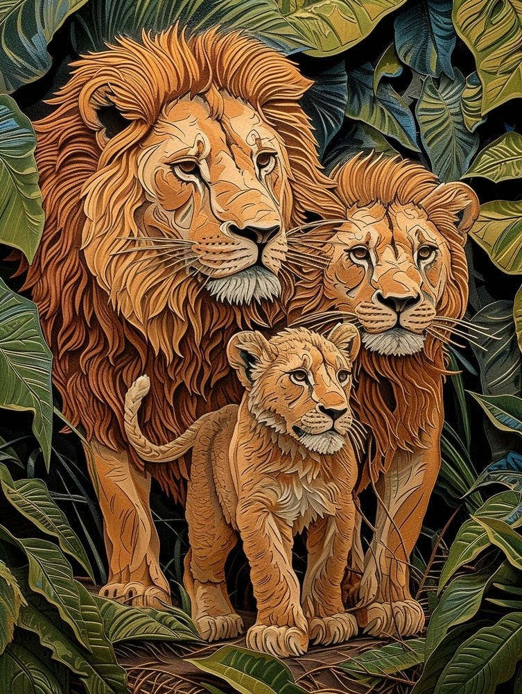 African Lion Relief Illustration Family 1