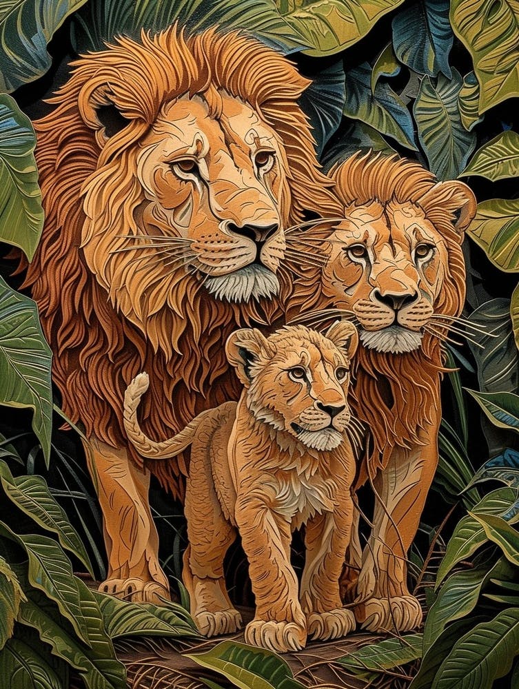 African Lion Relief Illustration Family 1