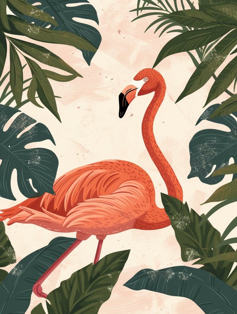Jamess Flamingo And Philodendrons Minimalist Illustration 1