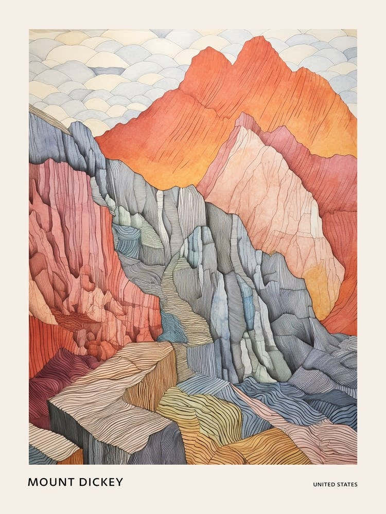 Mount Dickey United States Colourful Mountain Illustration Poster