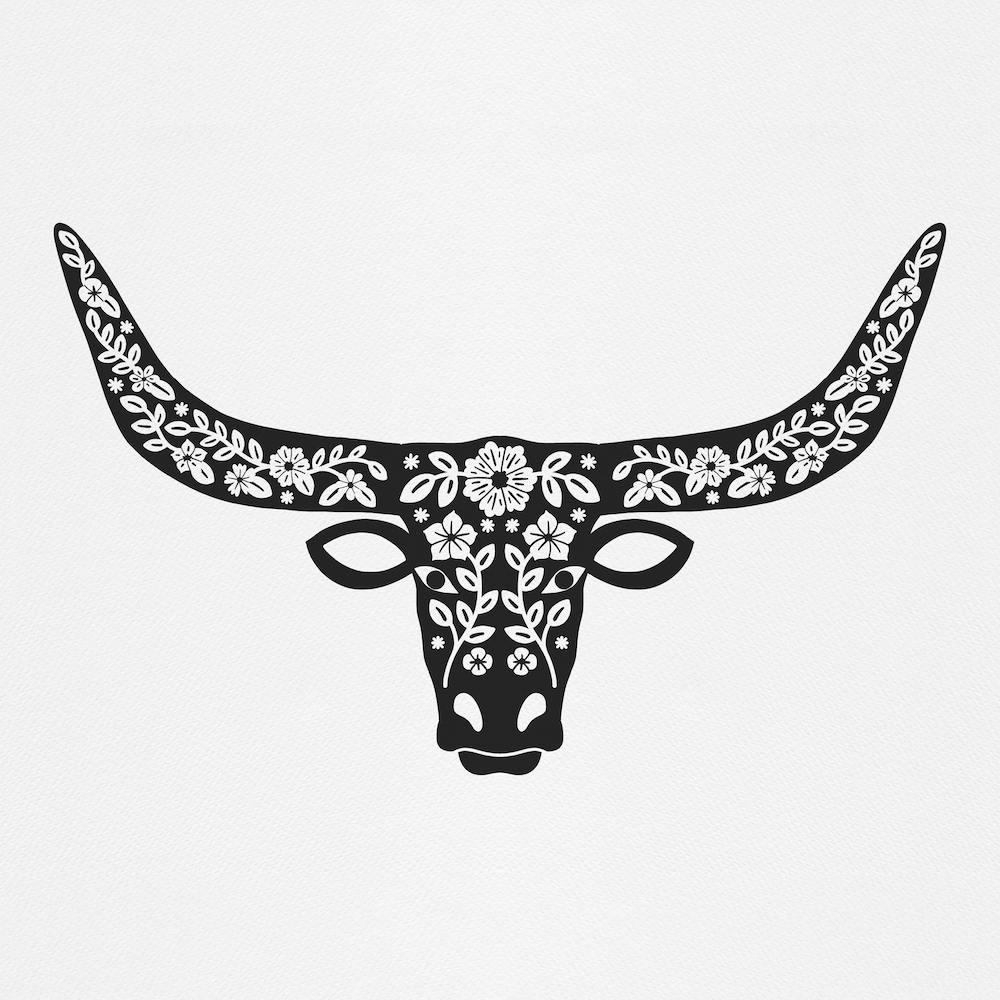 Floral Longhorn   Black Silhouette Square