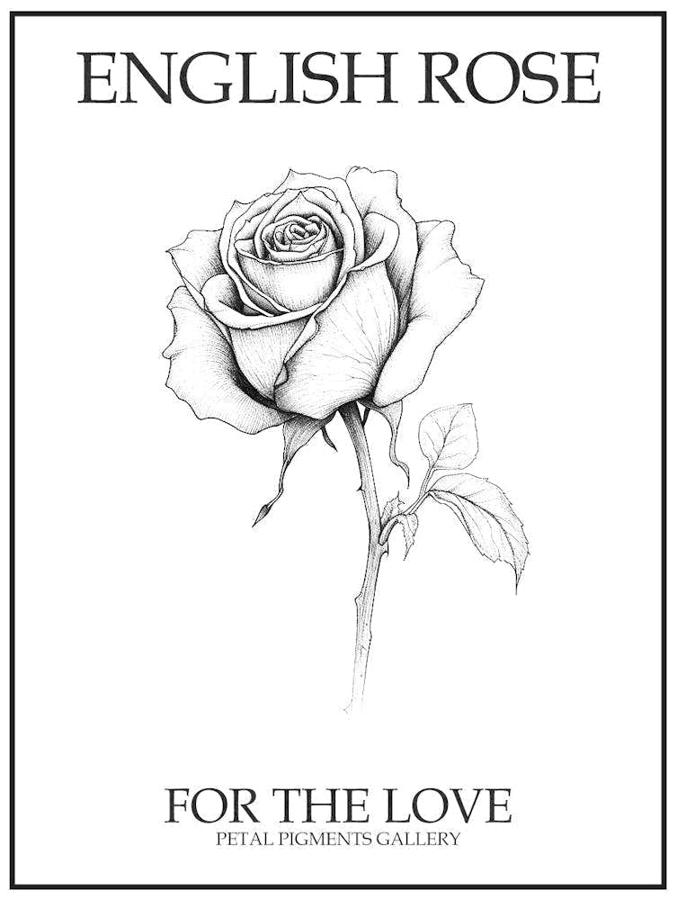 English Rose Black And White Line Drawing 9 Poster