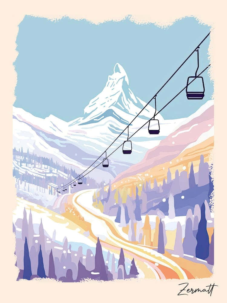 Poster Of Zermatt   Switzerland, Ski Resort Pastel Colours Illustration 1