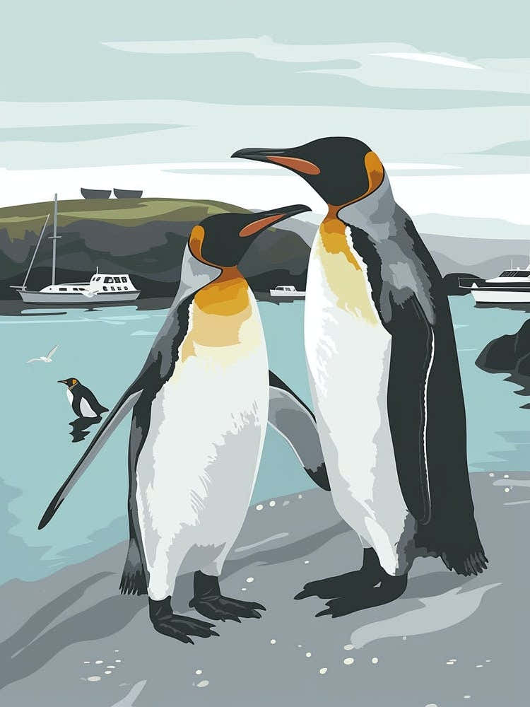 King Penguin Paradise Harbor Minimalist Illustration 2