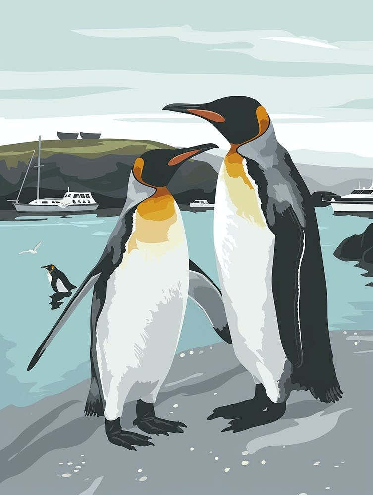 King Penguin Paradise Harbor Minimalist Illustration 2