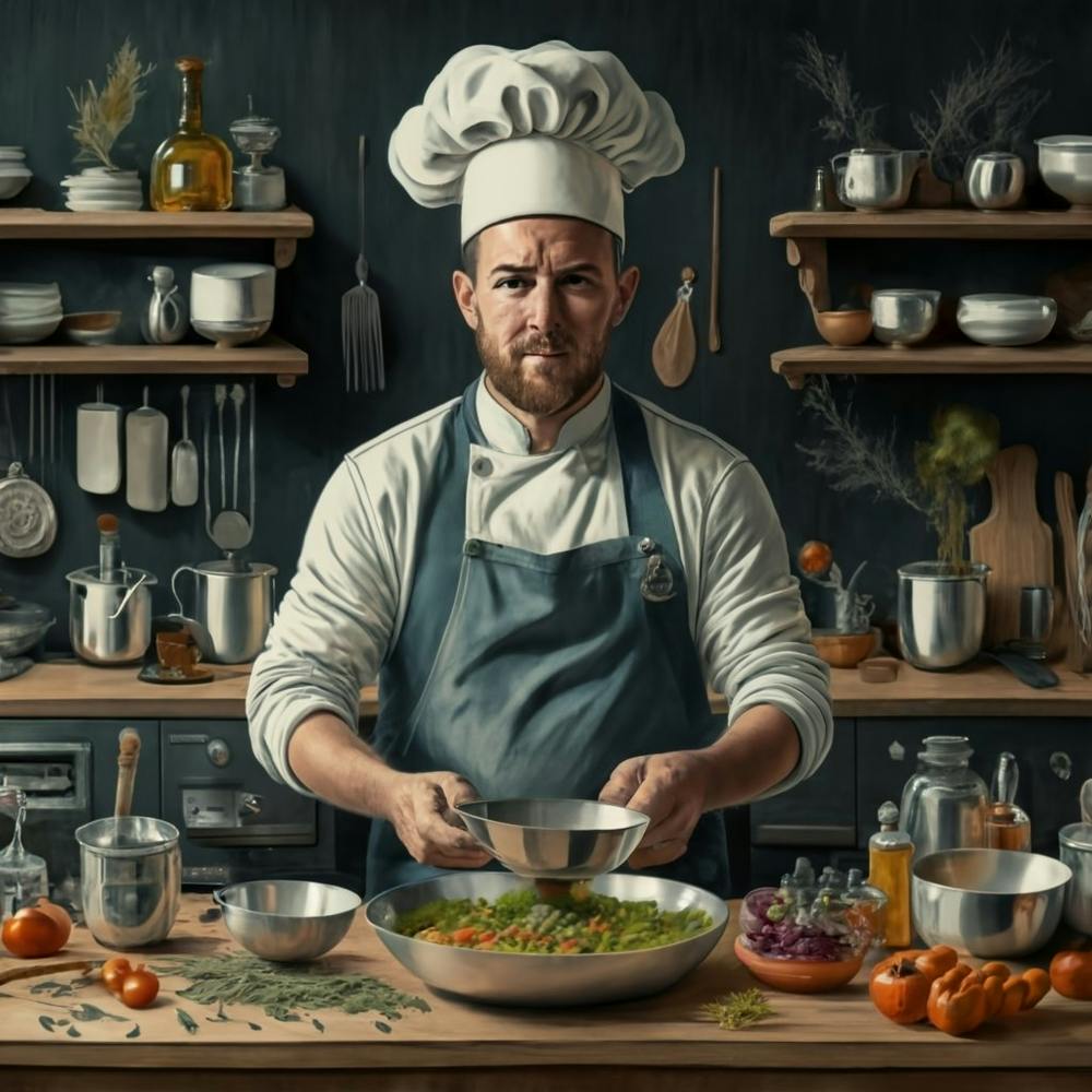 An art print featuring a detailed and emotive portrait of a passionate chef in a bustling kitchen, surrounded by the warmth of cooking utensils and aromatic ingredients. This culinary-inspired art print captures the essence of gastronomy and is perfect for food enthusiasts, adding a touch of culinary artistry to home decor.
