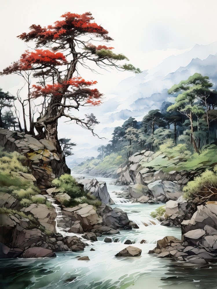 Iya Valley In Tokushima, Japanese Brush Painting, Ukiyo E, Minimal 3