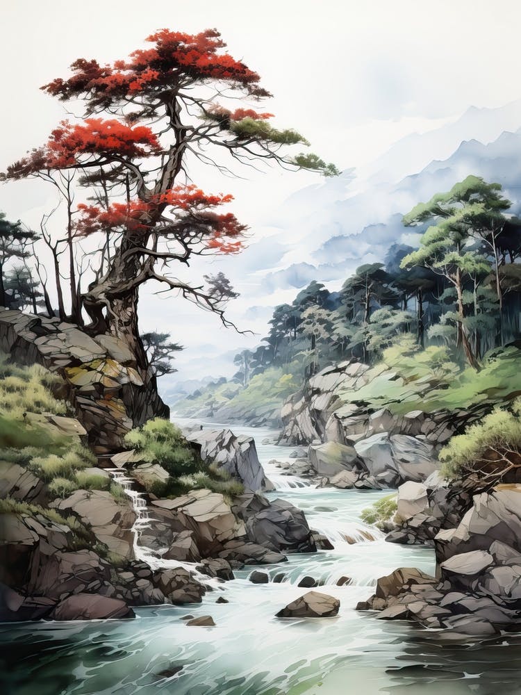 Iya Valley In Tokushima, Japanese Brush Painting, Ukiyo E, Minimal 3
