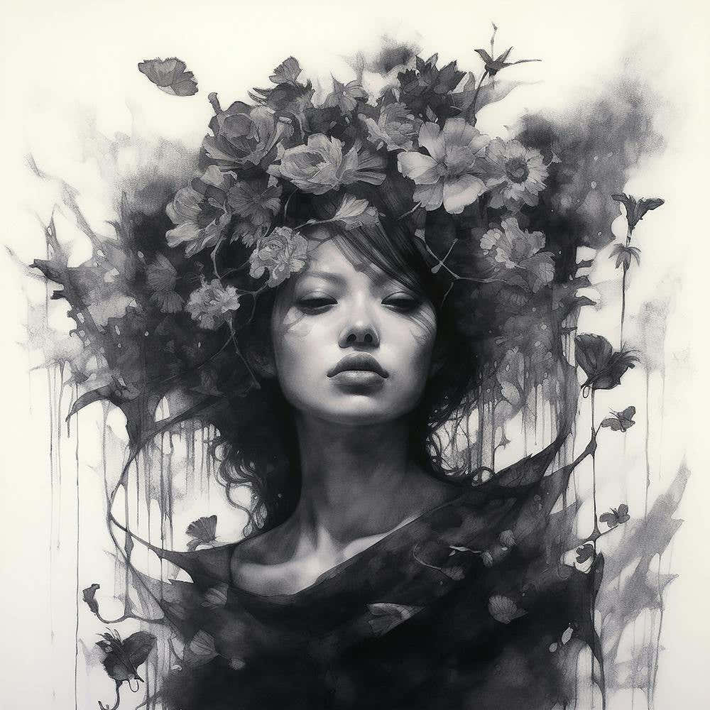 Witch & Flowers Ink Painting