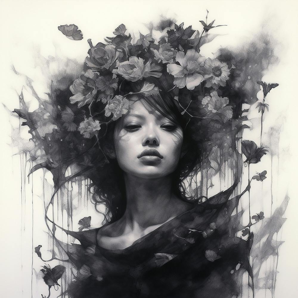 Witch & Flowers Ink Painting