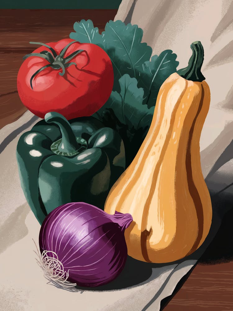 A Still Life Illustration Of A Bouquet Vegetables