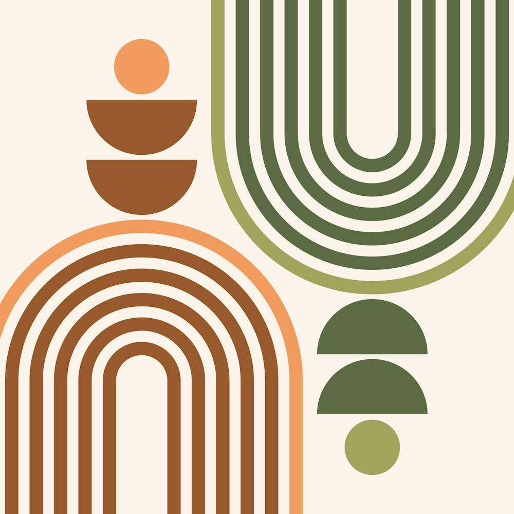 Midcentury Modern Geometric Arch Sun Abstract 5 In Sage Green Terracotta Brown 02