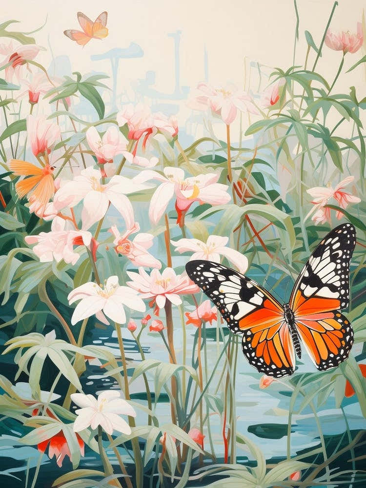 Butterfly & Flowers By The Pond Japanese Style Painting