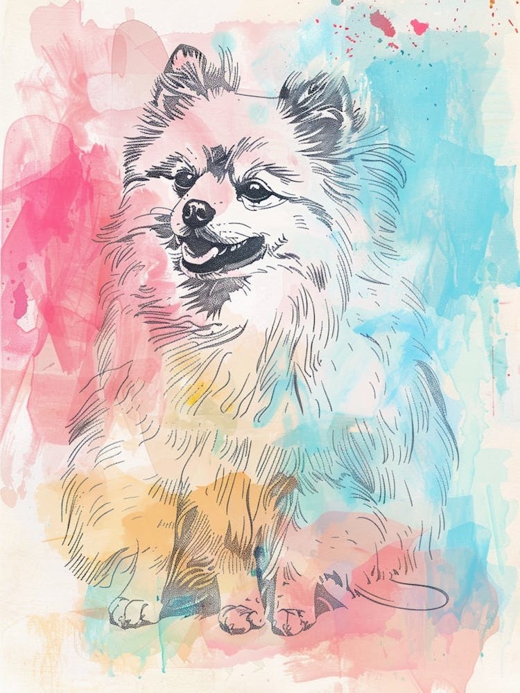 Pomeranian Dog Pastel Line Watercolour Illustration  2