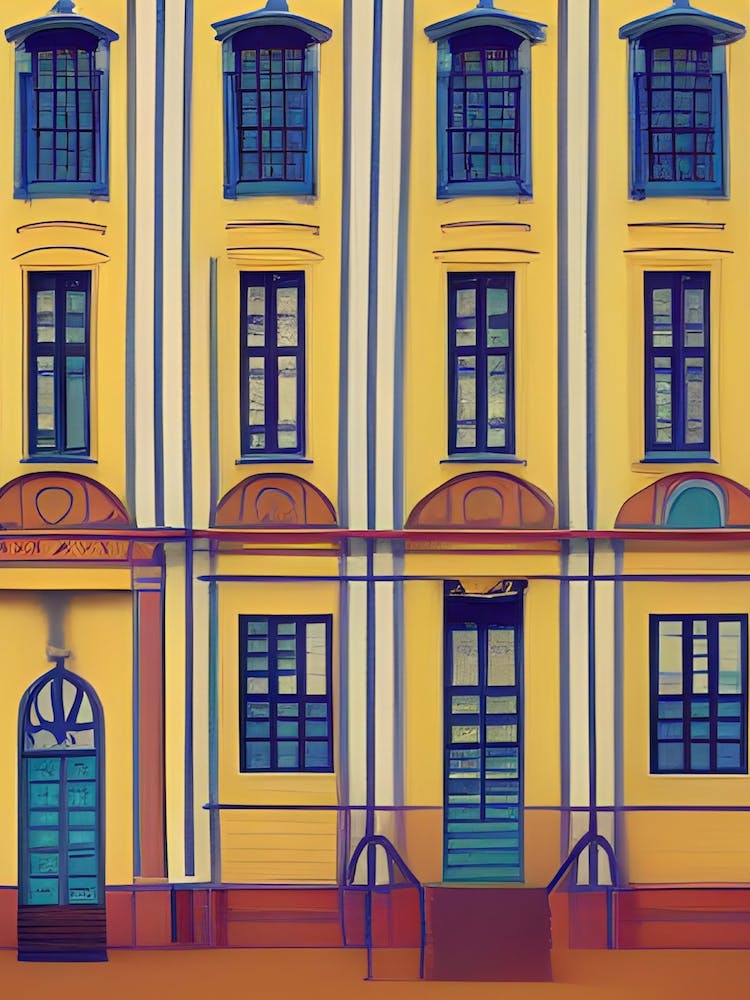 Yellow Hotel Wes Anderson Style Oil Painting Buildings Architecture Minimal Abstract