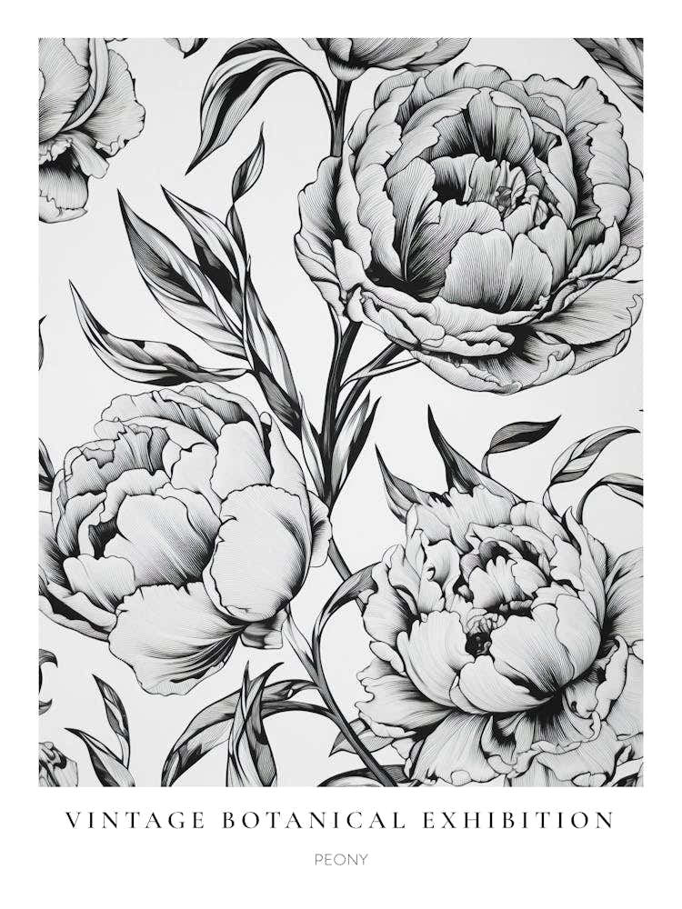 Peony B&W Vintage Botanical Poster