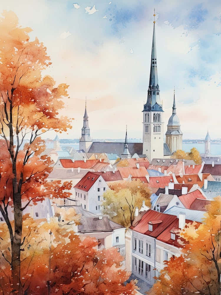 Tallinn Estonia In Autumn Fall, Watercolour 1