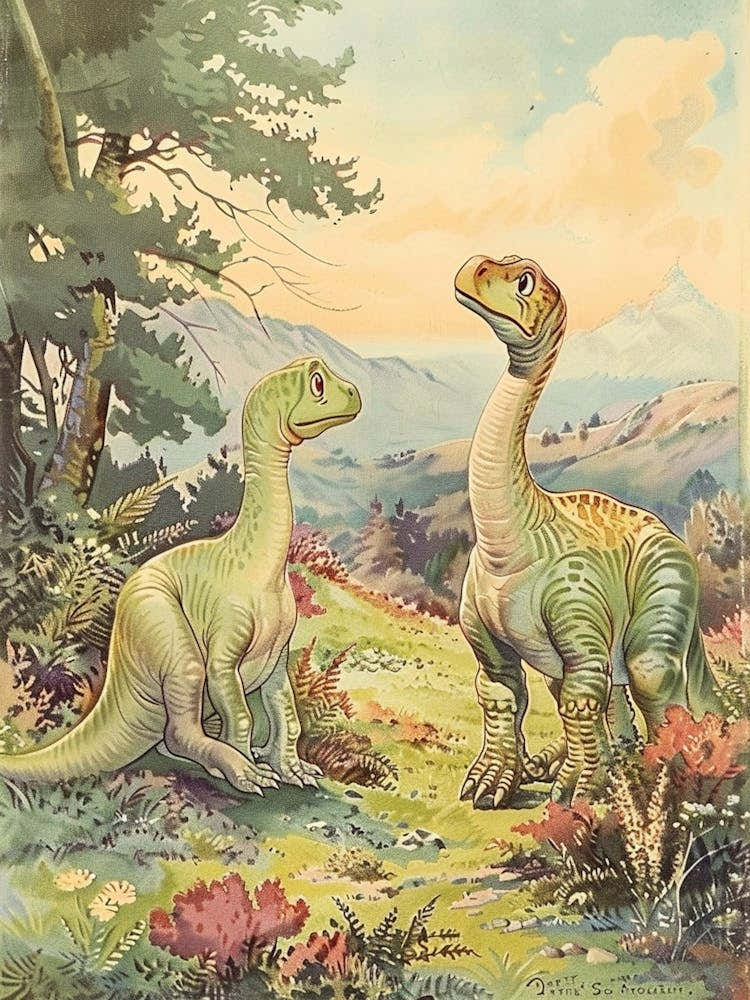 Vintage Storybook Style Dinosaur Watercolour Painting