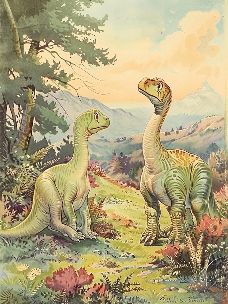 Vintage Storybook Style Dinosaur Watercolour Painting