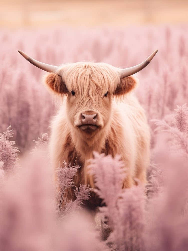 Pastel Pink Portrait Of Highland Cow In The Grass 1