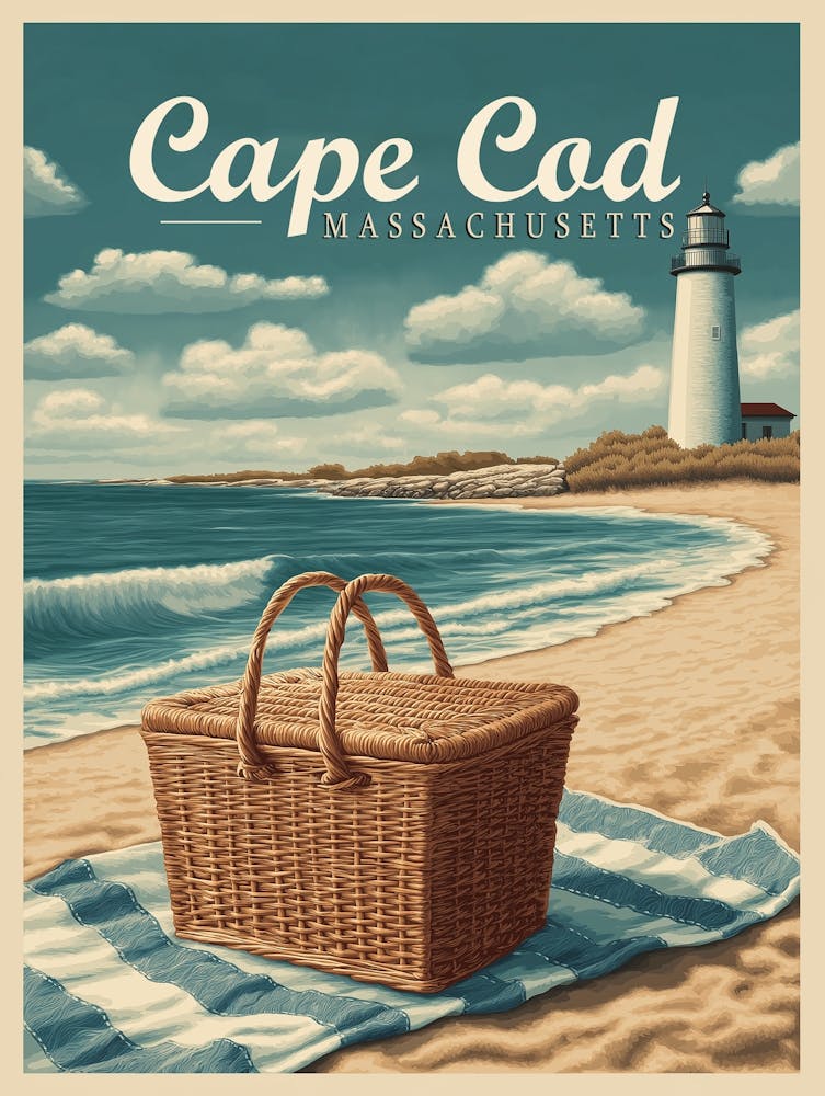 Vintage Travel Cape Cod Massachusetts Beach Retro Poster | Lighthouse & Picnic Basket Art