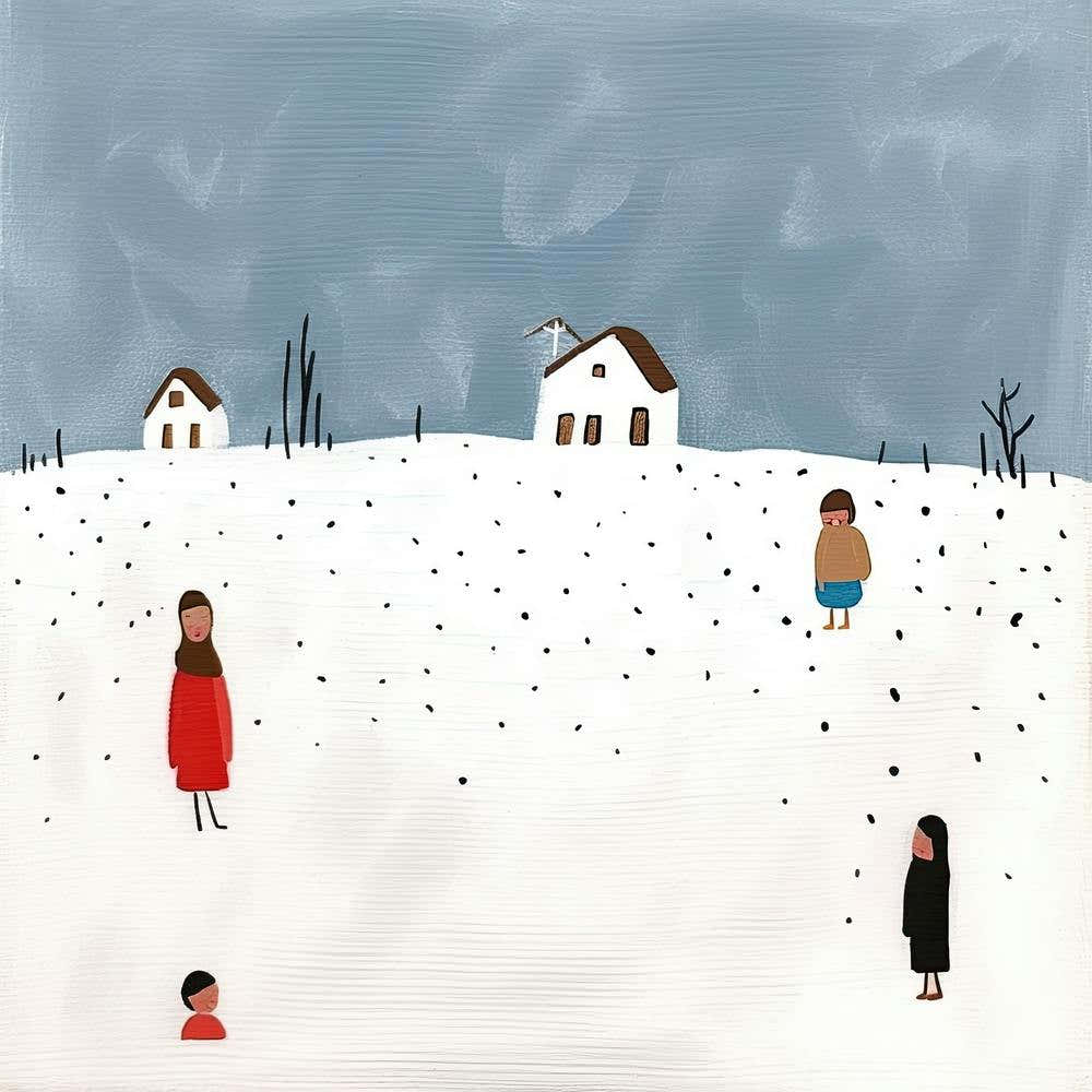 Winter Snow Scene, Tiny People And Illustration 1