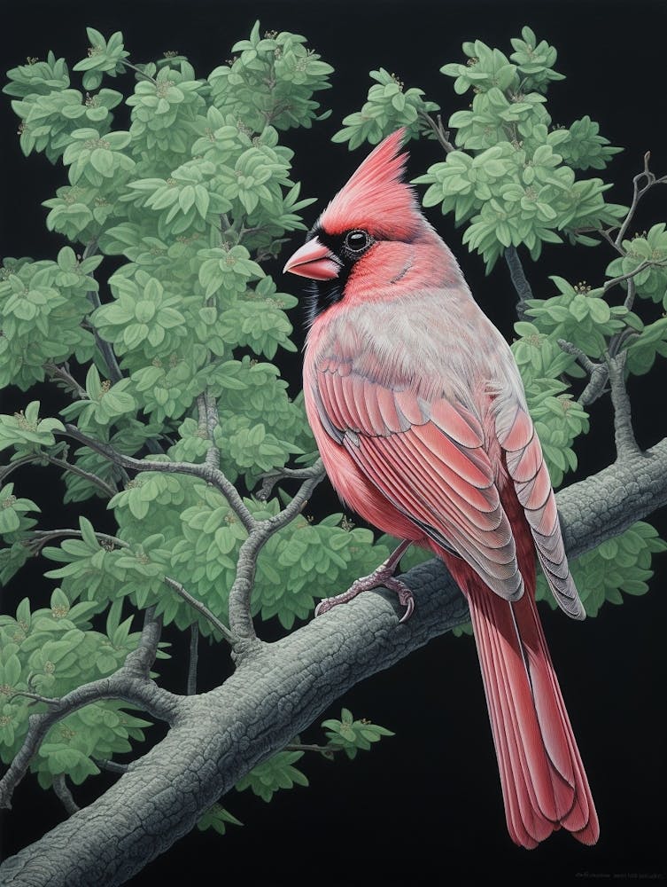 Ohara Koson Inspired Bird Painting Northern Cardinal 4