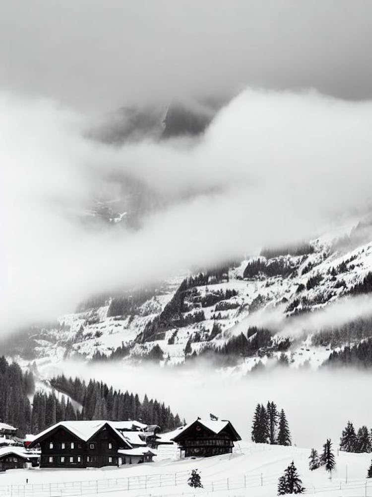 Wengen, Switzerland Black And White Skiing Poster