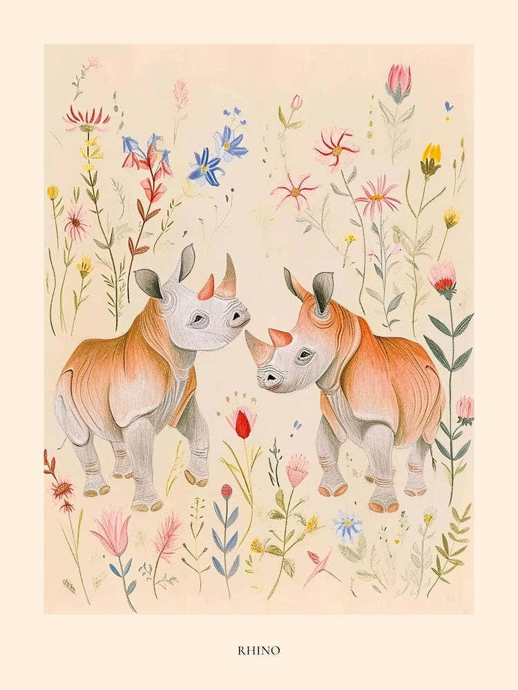 Folksy Floral Animal Drawing Rhino 4 Poster