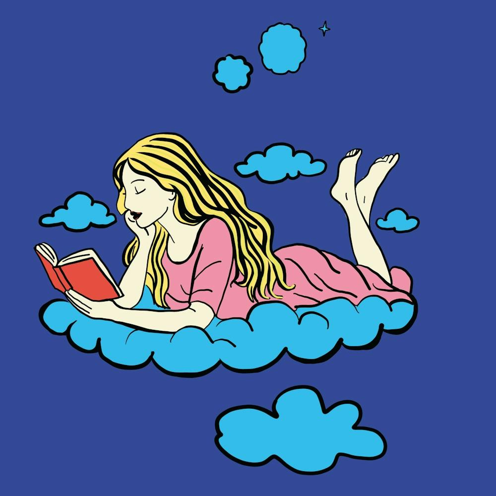 Woman Reading A Book On A Cloud