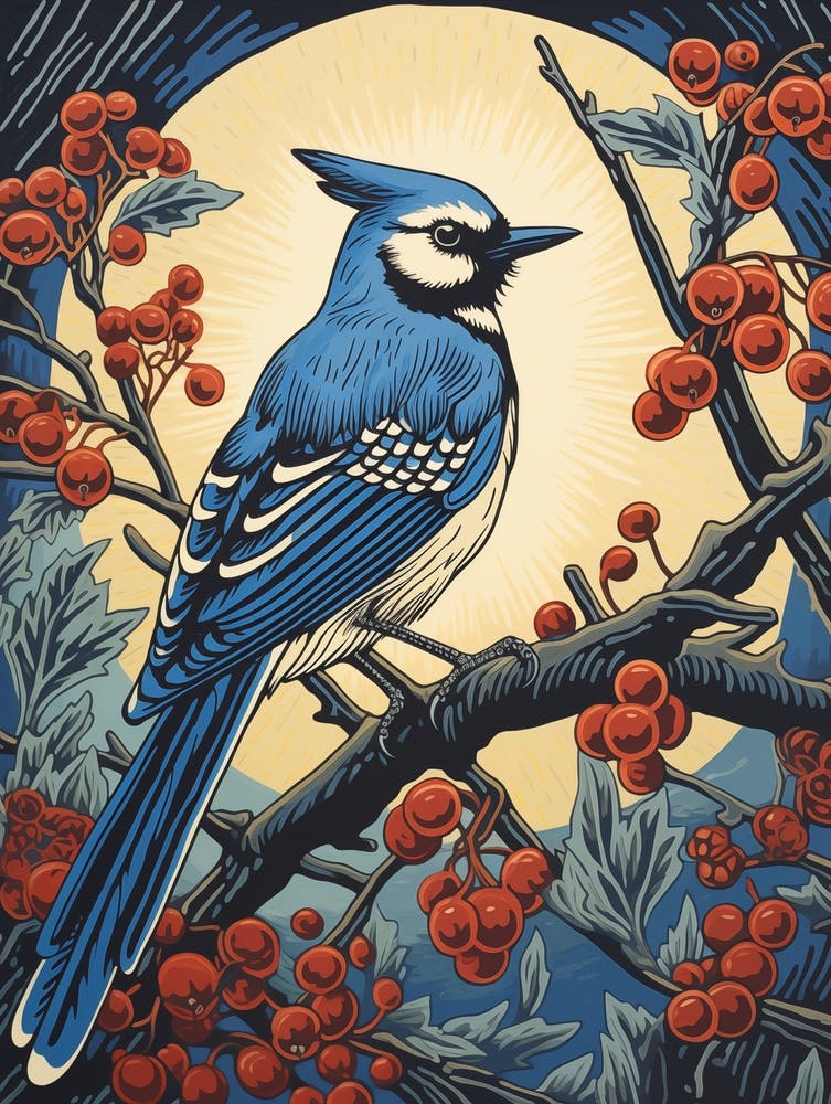 Vintage Bird Linocut Blue Jay 8