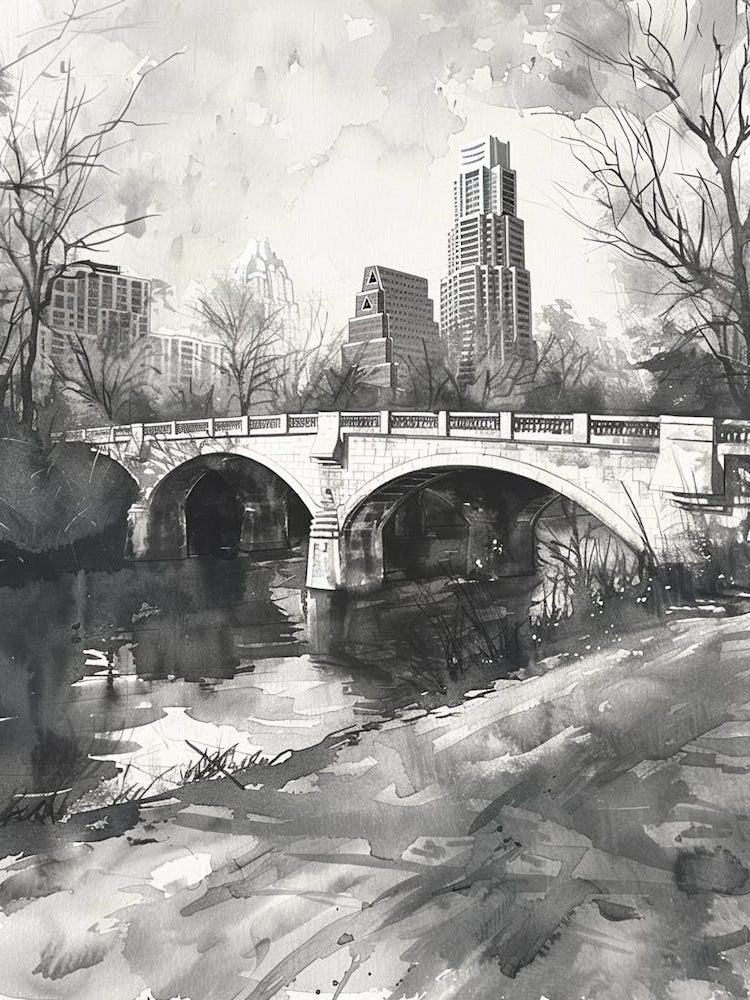 Congress Avenue Bridge Austin Texas Black And White Watercolour 2